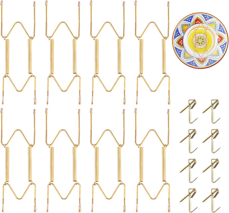 Litray 8 Pieces Plate Hangers for The Wall Suitable for 6-8 Inch Decorative Plate adjustable and stretchable,with Metal Hooks for Wall Displaying Plates Decorative & Arts(Gold) - Image 1